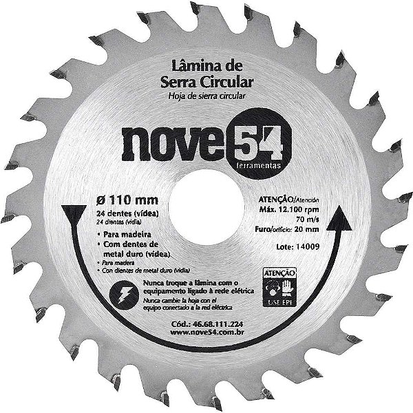 Lâmina de serra circular com dentes de metal duro/vídea 110mm x 20mm 24 dentes NOVE54