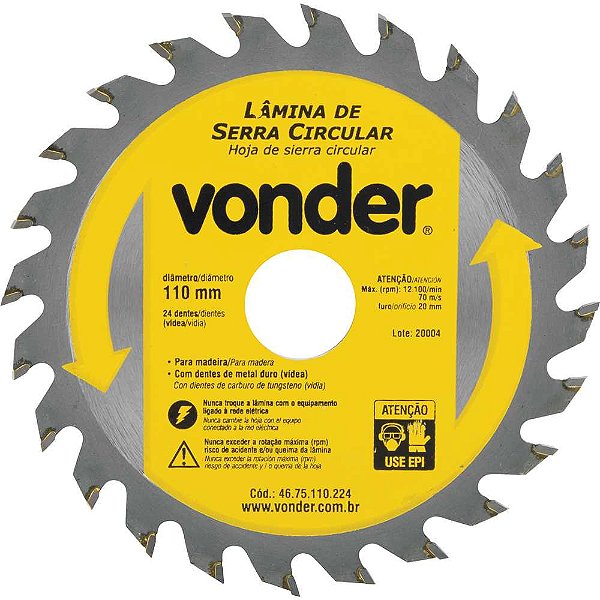 Lâmina de serra circular com dentes de metal duro/vídea 110mm x 20mm 24 dentes VONDER