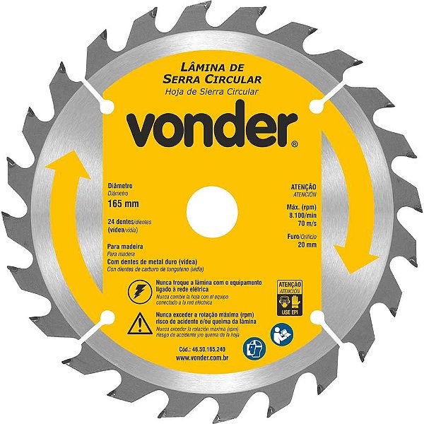 Lâmina de serra circular com dentes de metal duro/vídea 165mm x 20mm 24 dentes VONDER