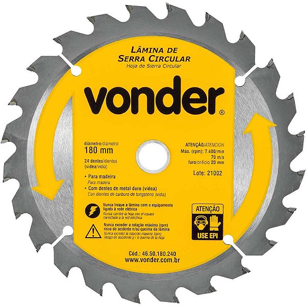 Lâmina de serra circular com dentes de metal duro/vídea 180mm x 20mm 24 dentes VONDER