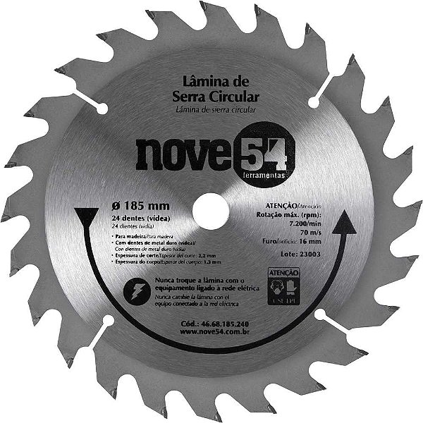 Lâmina de serra circular com dentes de metal duro/vídea 185mm x 16mm 24 dentes NOVE54