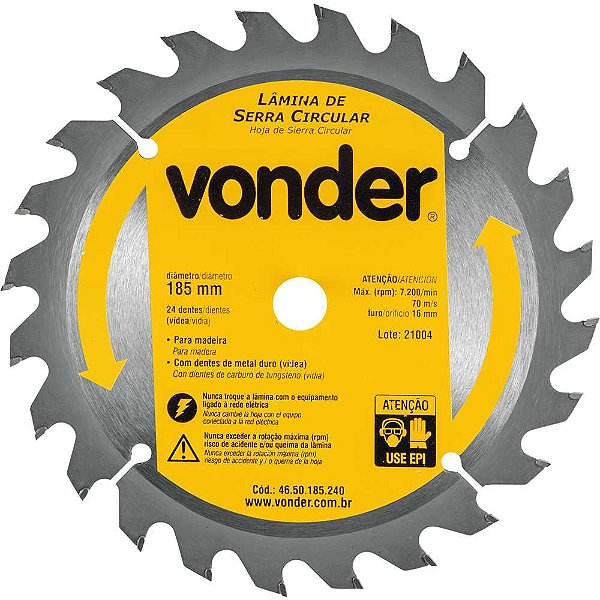 Lâmina de serra circular com dentes de metal duro/vídea 185mm x 16mm 24 dentes VONDER