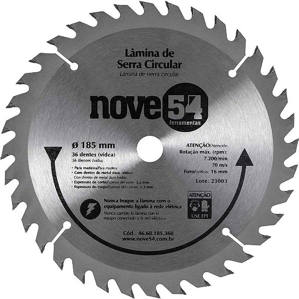Lâmina de serra circular com dentes de metal duro/vídea 185mm x 16mm 36 dentes NOVE54