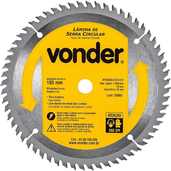 Lâmina de serra circular com dentes de metal duro/vídea 185mm x 16mm 60 dentes VONDER