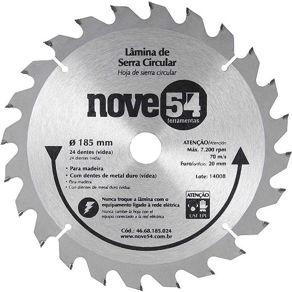 Lâmina de serra circular com dentes de metal duro/vídea 185mm x 20mm 24 dentes NOVE54