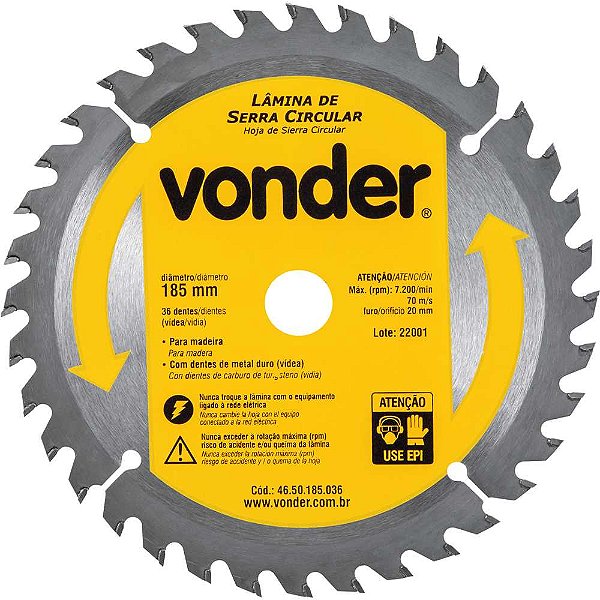 Lâmina de serra circular com dentes de metal duro/vídea 185mm x 20mm 36 dentes VONDER