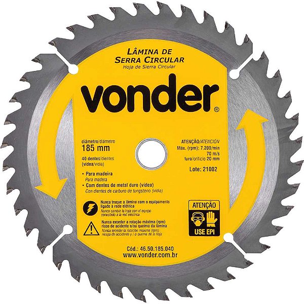 Lâmina de serra circular com dentes de metal duro/vídea 185mm x 20mm 40 dentes VONDER