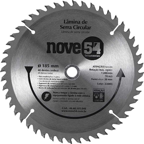 Lâmina de serra circular com dentes de metal duro/vídea 185mm x 20mm 48 dentes NOVE54