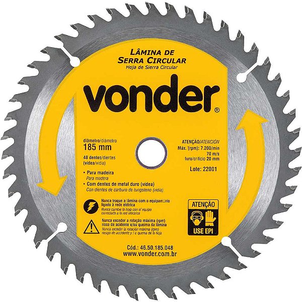 Lâmina de serra circular com dentes de metal duro/vídea 185mm x 20mm 48 dentes VONDER