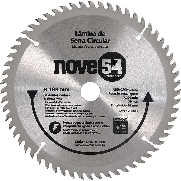 Lâmina de serra circular com dentes de metal duro/vídea 185mm x 20mm 60 dentes NOVE54