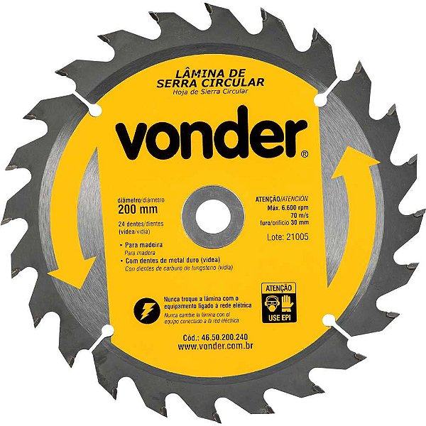 Lâmina de serra circular com dentes de metal duro/vídea 200mm x 30mm 24 dentes VONDER