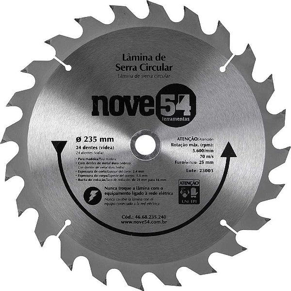 Lâmina de serra circular com dentes de metal duro/vídea 235mm x 25mm 24 dentes NOVE54