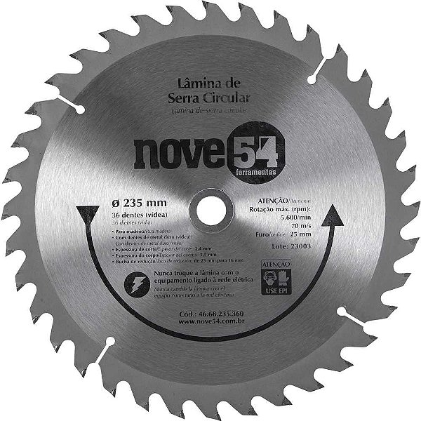 Lâmina de serra circular com dentes de metal duro/vídea 235mm x 25mm 36 dentes NOVE54