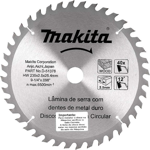 Lâmina de serra circular com dentes de metal duro/vídea 235mm x 25mm 40 dentes D-51378 MAKITA