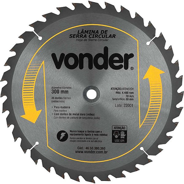 Lâmina de serra circular com dentes de metal duro/vídea 300mm x 30mm 36 dentes VONDER