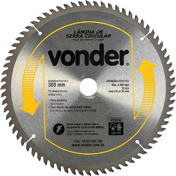 Lâmina de serra circular com dentes de metal duro/vídea 300mm x 30mm 72 dentes VONDER