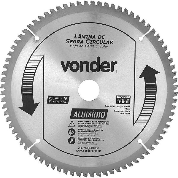 Lâmina de serra circular com vídea para alumínio 250mm x 30mm x 80 dentes VONDER