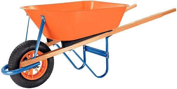 Carrinho de Mão Tramontina com Caçamba Funda Plástica Laranja 55 L Braço de Madeira e Pneu com Câmara