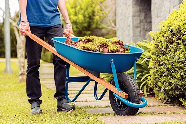Carrinho de Mão Tramontina com Caçamba Rasa Plástica Azul 50 L Braço de Madeira e Pneu com Câmara