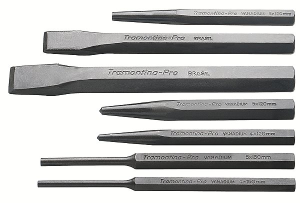 Jogo de Talhadeiras Punções e Saca-pinos Tramontina PRO - 7 Peças (Inclui Punções de 4 mm e 5 mm Saca-pinos de 4 mm e 5 mm Saca-pino cônico de 6 mm e Talhadeira de 7”)