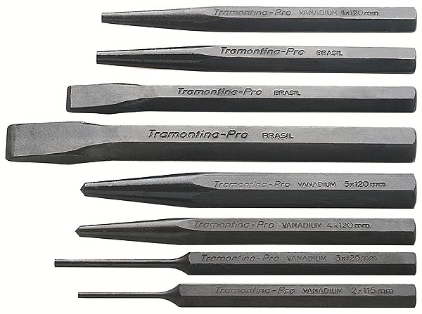 Jogo de Talhadeiras Punções e Saca-pinos Tramontina PRO - 8 Peças (Inclui Punções de 4 mm e 5 mm Saca-pinos paralelos de 1,9 mm e 2,8 mm Saca-pino cônico de 4 mm e 5 mm e Talhadeira de 5”)