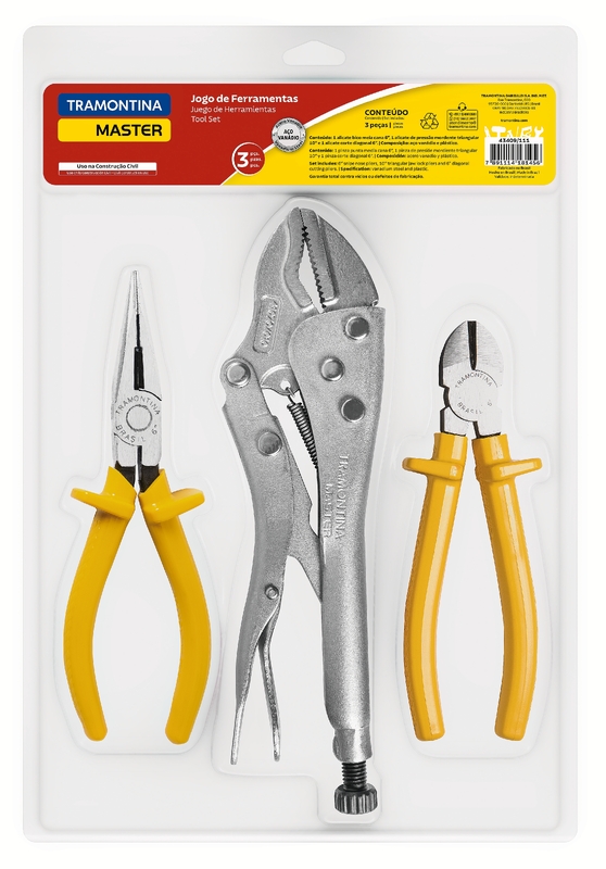 Kit de Ferramentas Tramontina MASTER com Alicate de Pressão 10" Alicate Corte Diagonal 6" e Alicate Bico Meia Cana 6"