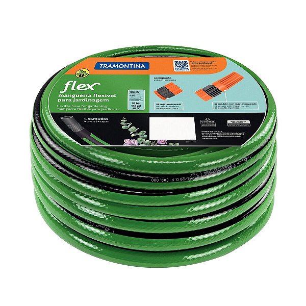 Mangueira Flex para Jardim Tramontina Verde com Faixa Preta em PVC 4 Camadas 10 m com Engate Rosqueado e Esguicho