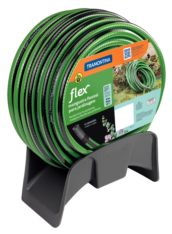 Mangueira Flex para Jardim Tramontina Verde com Faixa Preta em PVC 4 Camadas 25 m com Engate Rosqueado Esguicho e Suporte