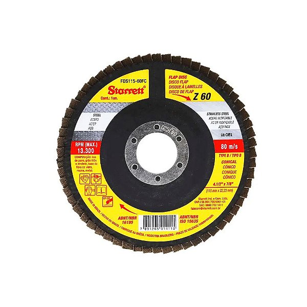 Disco de Flap em Fibra de Vidro Cônico Grão de 60 e Diâmetro Externo 115mm FDS115-60FC Starrett