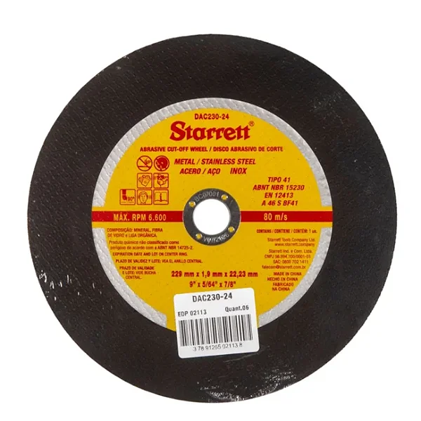 Disco Abrasivo de Corte 229x1,9x22,23mm (9"x5/64"x7/8") DAC230-24 Starrett