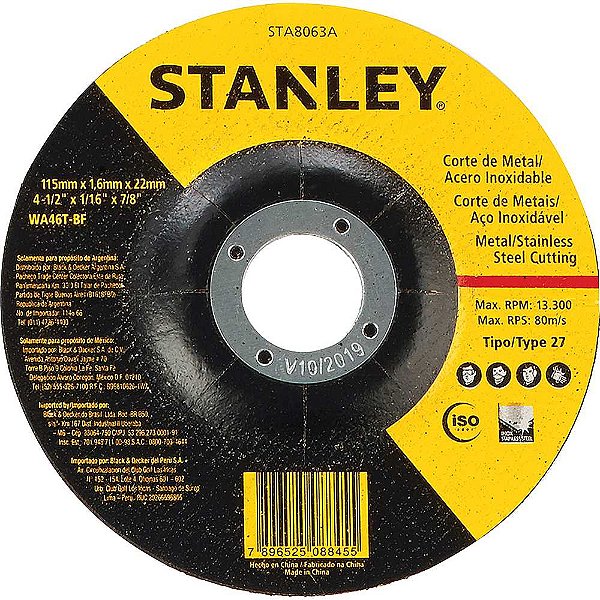 Disco de corte 114,3mm x 1,6mm x 22,2mm para metal/inox STA8063 STANLEY