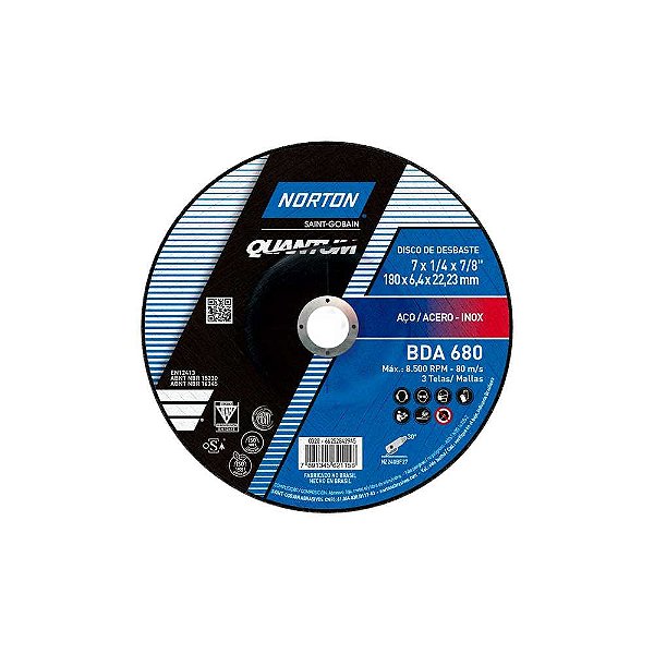 Disco de desbaste 180mm x 6,4mm x 22,23mm para aço e inox Quantum BDA 680 NORTON