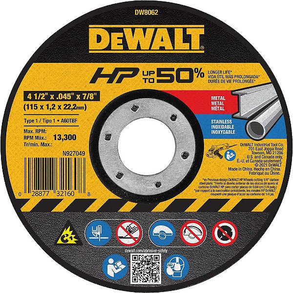 Disco de corte 115mm x 1,0mm x 22,23mm alta performance para metal e inox DW8062 DEWALT