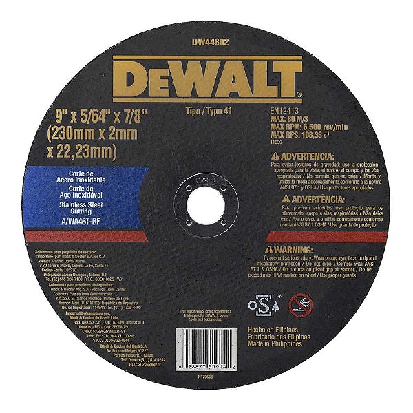 Disco de corte 230mm x 2,0mm x 22,23mm para aço e inox corte fino DW44802 DEWALT