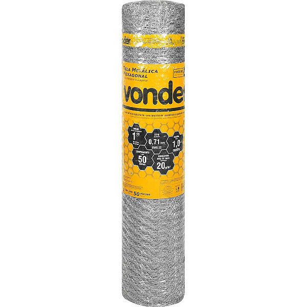 Tela metálica hexagonal pinteiro malha 1" 22 BWG x 1,0m com 50m VONDER