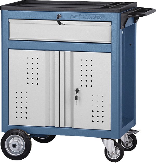 Carro para ferramentas 60cm x 40cm x 76cm fechado com 1 gaveta e 2 portas 330 kgf azul com cinza Compact Line CR-101 MARCON
