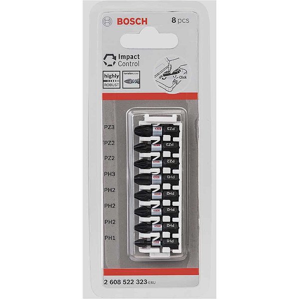 Jogo de bits/ponteiras phillips e pozidrive encaixe de hexagonal de 1/4" com 8 peças de 25mm 2608522323 BOSCH