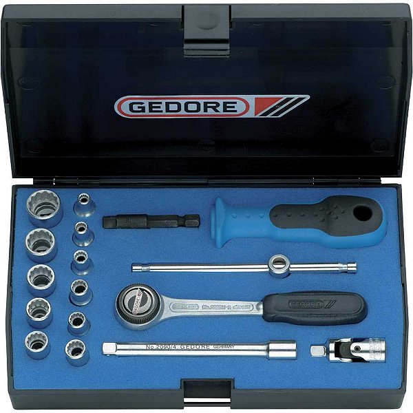 Jogo de soquetes estriados unit drive e acessórios encaixe de 1/4" 17 peças 4mm a 13mm D20EMU-3 GEDORE