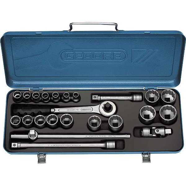 Jogo de soquetes estriados unit drive e acessórios encaixe de 1/2" 23 peças 3/8" a 1.1/4" D19TPZ GEDORE
