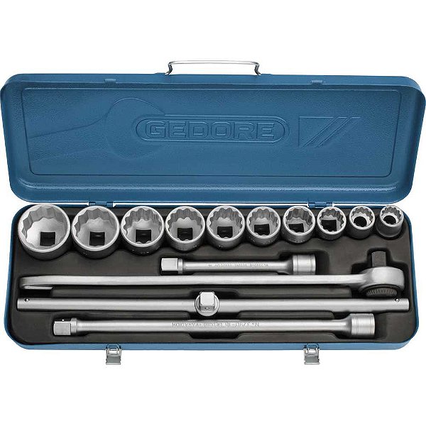 Jogo de soquetes estriados unit drive e acessórios encaixe de 3/4" 14 peças 7/8" a 2" D32EPU GEDORE