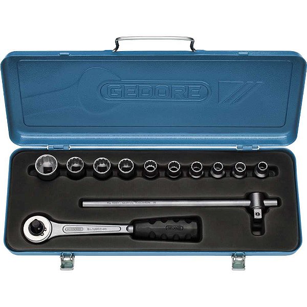 Jogo de soquetes estriados unit drive e acessórios encaixe de 1/2" 12 peças 10mm a 22mm D19LMZ GEDORE