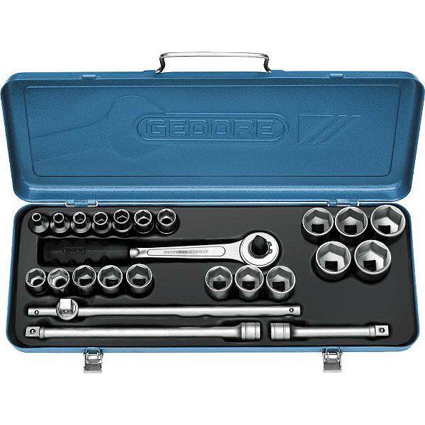 Jogo de soquetes sextavados e acessórios encaixe de 1/2" 10,0mm a 32,0mm com 24 peças 015.512 GEDORE