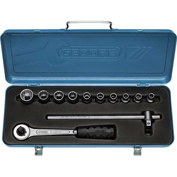 Jogo de soquetes estriados unit drive e acessórios encaixe de 1/2" 12 peças 3/8" a 1" D19LPZ GEDORE