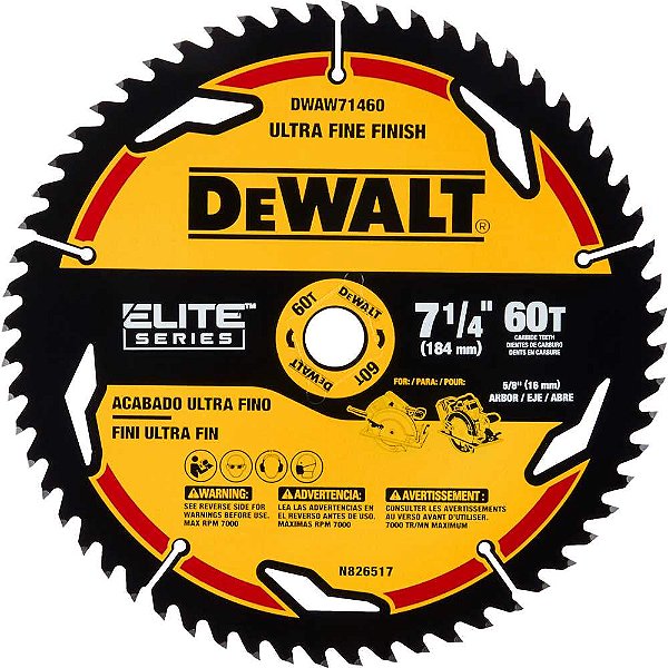 Lâmina de serra circular 7.1/4" (184,0 mm) x 16,0mm x 1,0mm 60 dentes para madeira DWAW71460 DEWALT