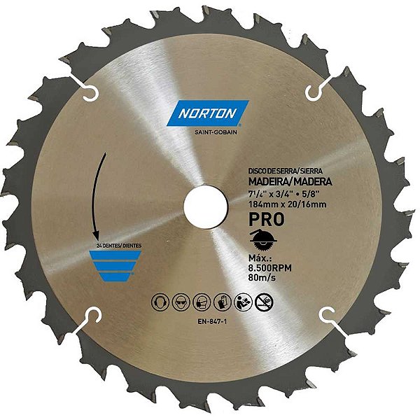 Lâmina de serra circular 184mm furo 20 mm/16mm 24 dentes 70184632472 NORTON