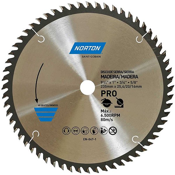 Lâmina de serra circular 235mm furo 25,4 mm/20 mm/16mm 60 dentes 70184632479 NORTON