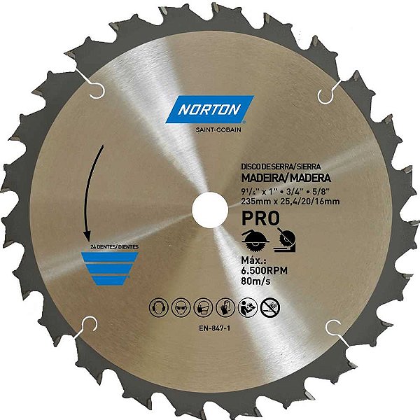 Lâmina de serra circular 235mm furo 25,4 mm/20 mm/16mm 24 dentes 70184632476 NORTON