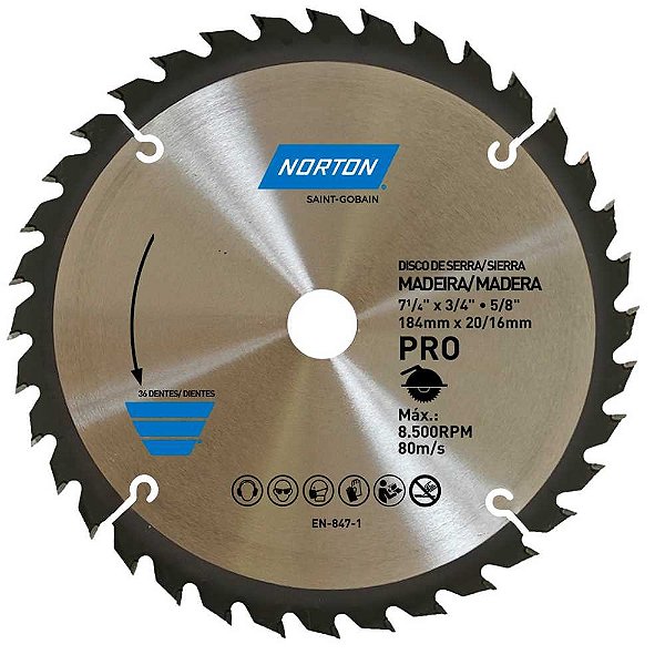 Lâmina de serra circular 184mm furo 20 mm/16mm 36 dentes 70184632473 NORTON