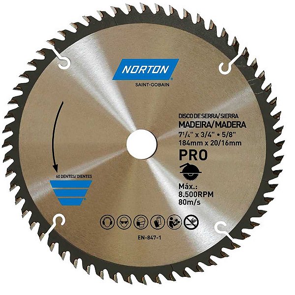 Lâmina de serra circular 184mm furo 20 mm/16mm 60 dentes 70184632475 NORTON