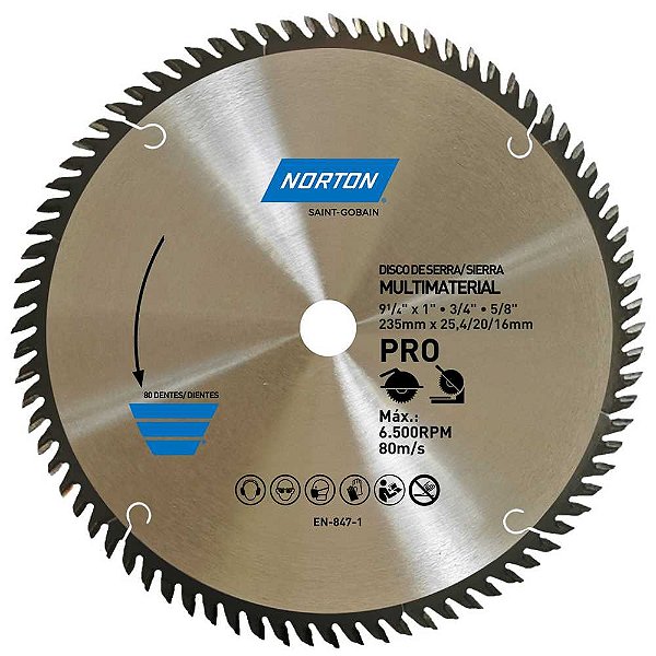 Lâmina de serra circular 235mm furo 25,4 mm/20 mm/16mm 80 dentes 70184632480 NORTON